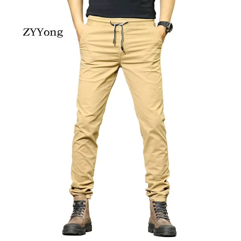 Men's Casual Trousers Cotton Drawstring Beam Feet Slim Elastic Comfortable Straight Pants Solid Color Motion Fashion Overalls