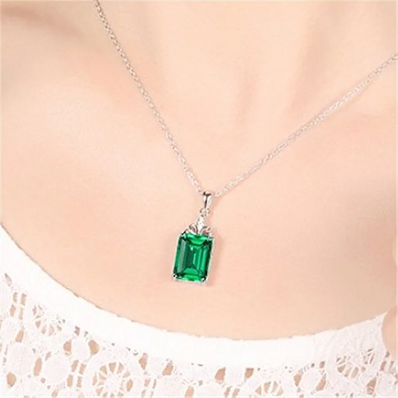 Classic Necklace 925 Silver Jewelry Rectangle Emerald Gemstone Pendant Ornaments for Women Wedding Promise Party Gift Wholesale