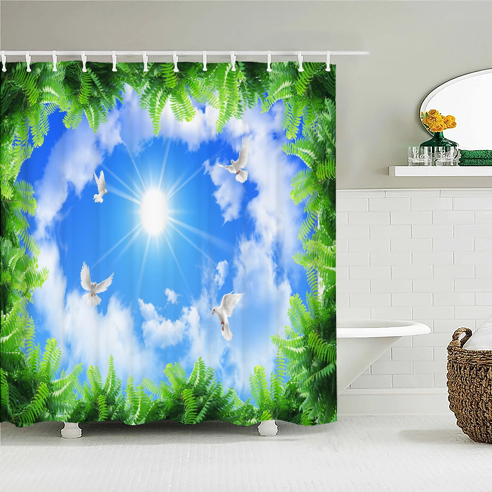 Sunny Blue Sky Forest Trees Dove landscape 3D Print Shower Curtain with Hooks Waterproof Fabric Home Bathroom Curtains 180x180