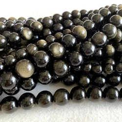 AAA High Quality Natural Genuine Black Flash Gold Light Obsidian Round Loose Beads 4-20mm 15