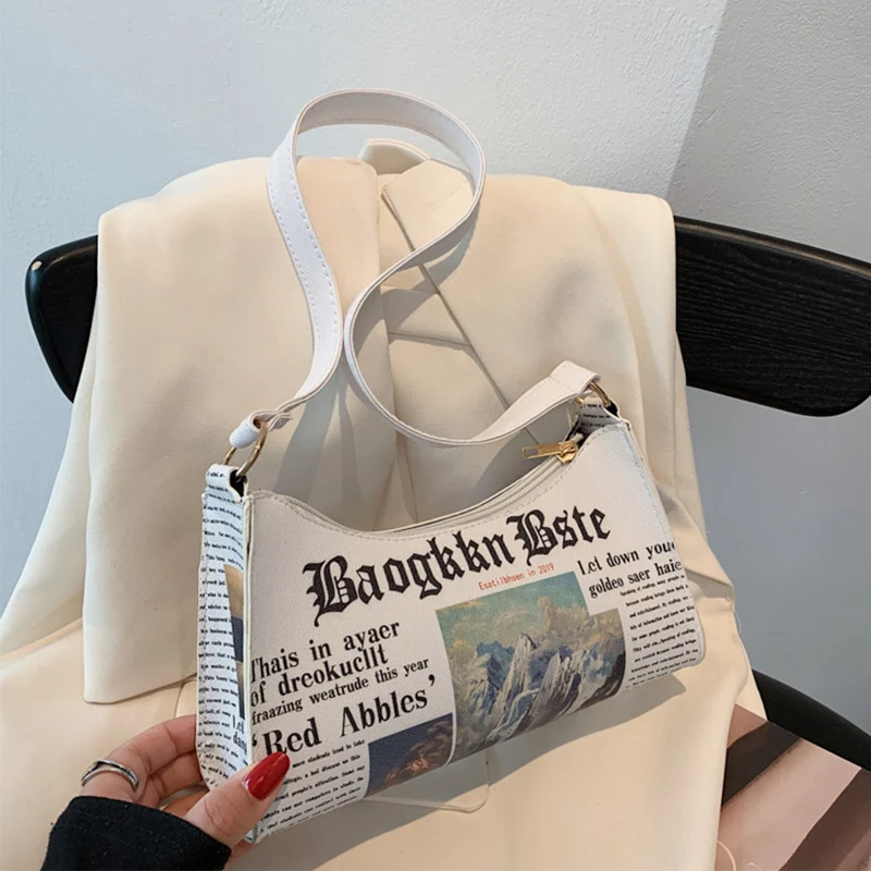 Fashion Shoulder Bags for Women Newspaper Printed Leather Armpit Handbag Female Underarm Purse Clutch