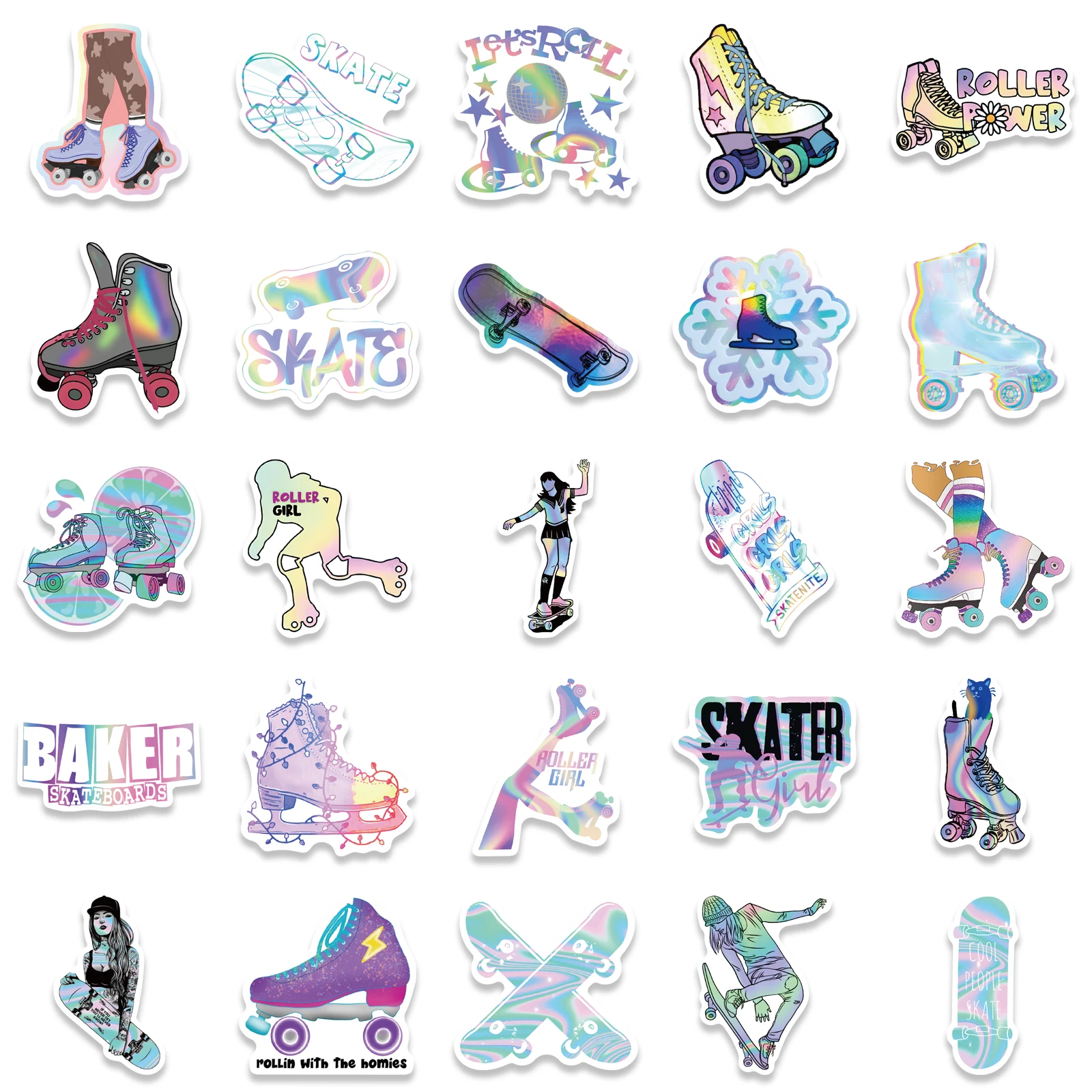 50 buah stiker kartun Laser reflektif anak perempuan Skateboard lucu stiker gradien grafiti keren DIY