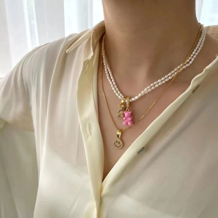 Trendy Cute Rainbow Gummy Bear Zircon Pendant Pearl Necklaces for Women Girl Resin Bear Pearls Chain Choker Necklace Jewelry New