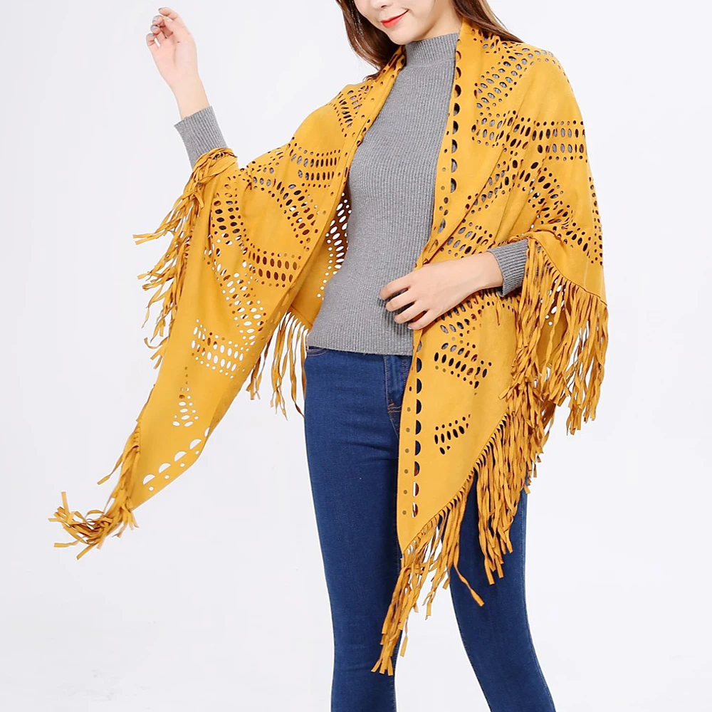 2024 Fashion Summer Hollow scialle da donna con mantella Poncho aperto elegante nappa in pelle scamosciata Retro Simple Wrap Dropshipping