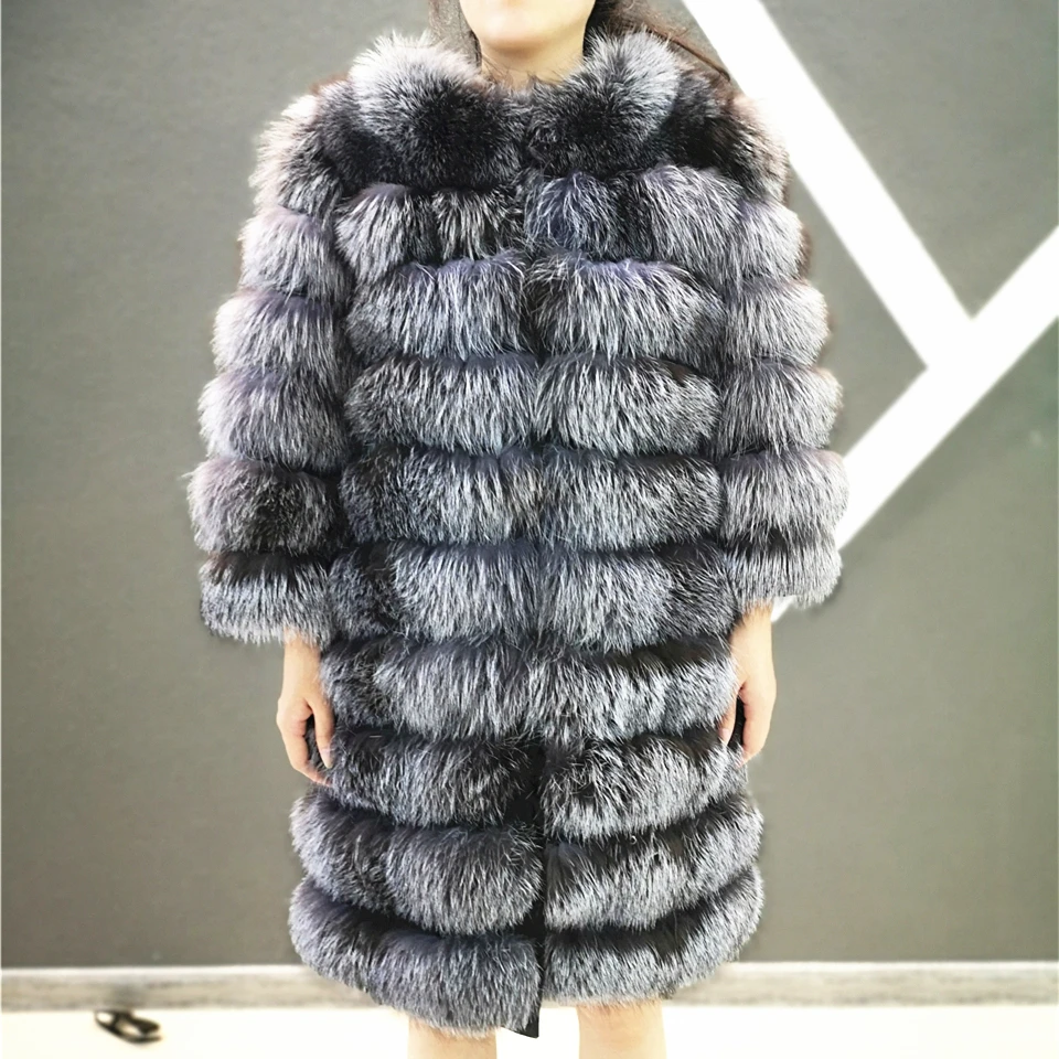 Real Silver FOX Fur Coat for Women, Full Sleeves, Natural Fur, Plus Size, Detachable Arms, Long Jacket for Girls, Winter