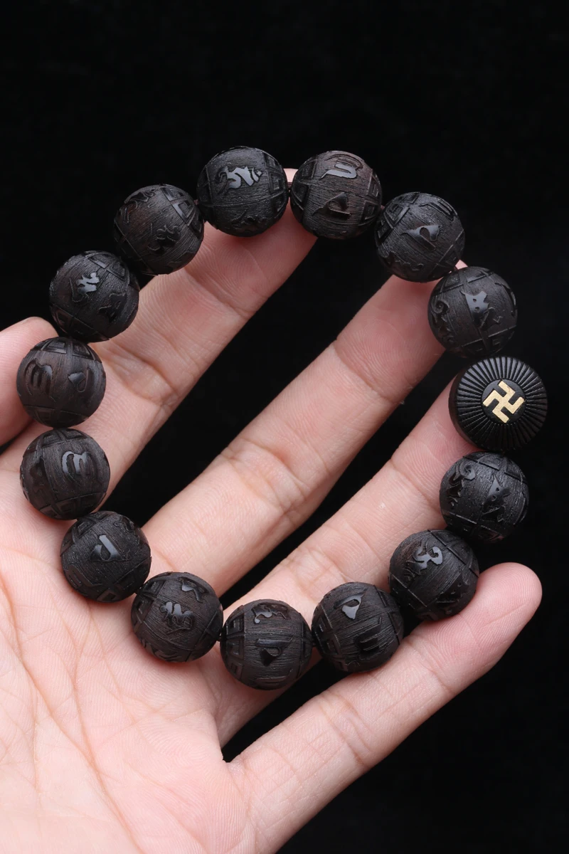 Authentic Natural Ebony Tibetan Six-Character Mantra Tibetan Prayer Wheel Bracelet 15mm Unisex Bracelet
