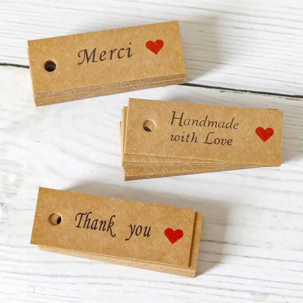 100PCS Kraft Paper Tags Handmade with Love Garment Tags Wedding Party Decoration Heart Gift Paper Hang Tags Packing Label Cards