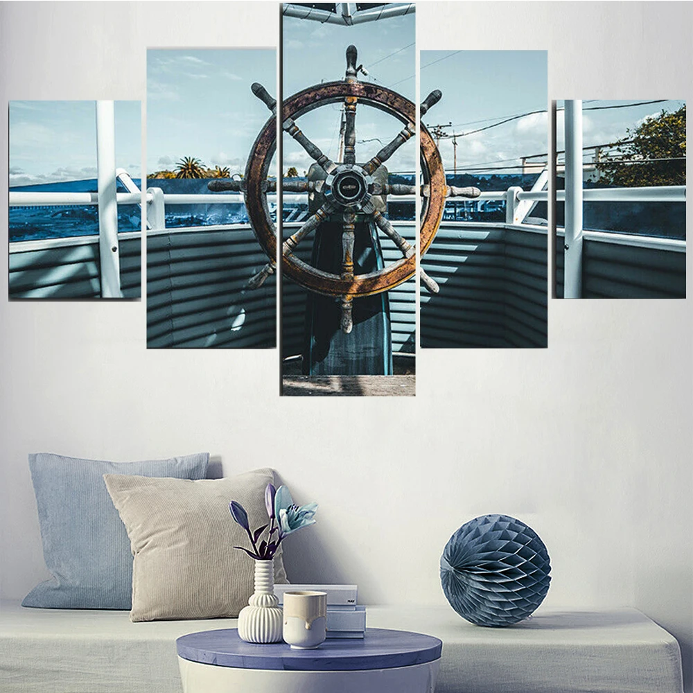 

5 Pieces Wall Art Canvas Painting Vintage Ship Wheel Nautical Landscape Poster Modern Living Room Decoration Pictures Home