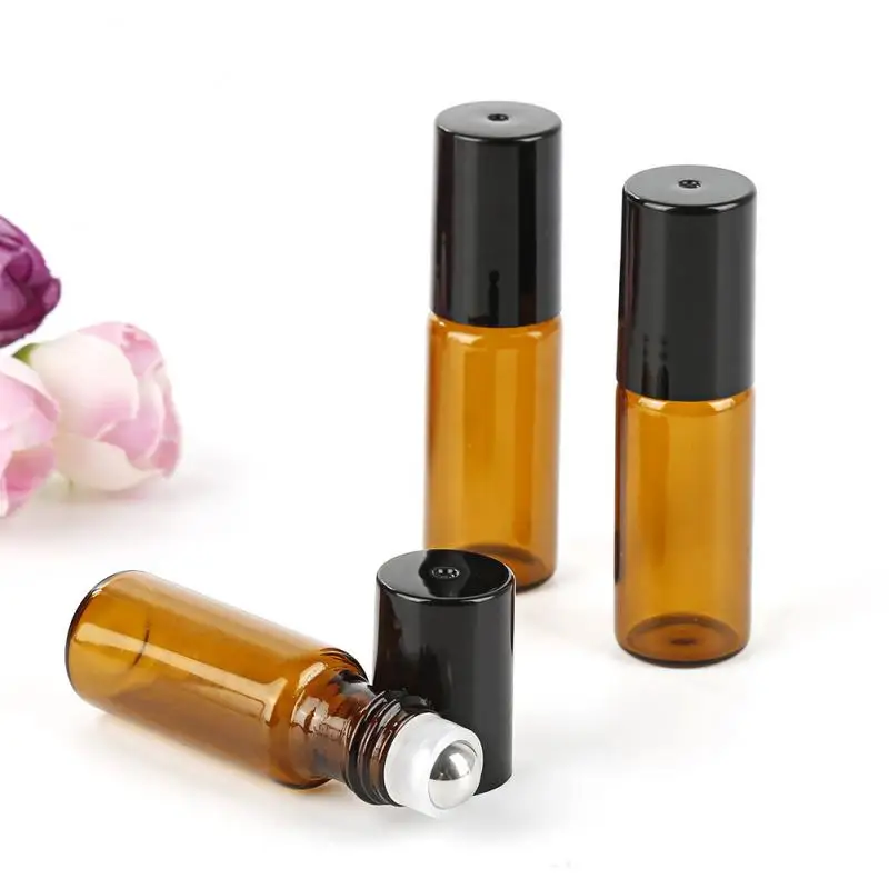 100pcs/lot 5ml Amber Roll On Roller Bottle for Essential Oils Refillable Perfume Bottle Deodorant Containers with black cap