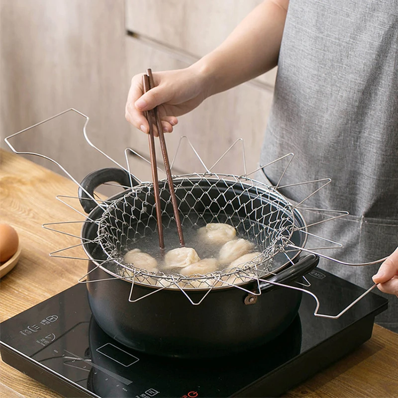 Foldable Steam Rinse Strain Stainless Steel Folding Frying Basket Colander Sieve Mesh Strainer Kitchen Cooking Tools Accessories