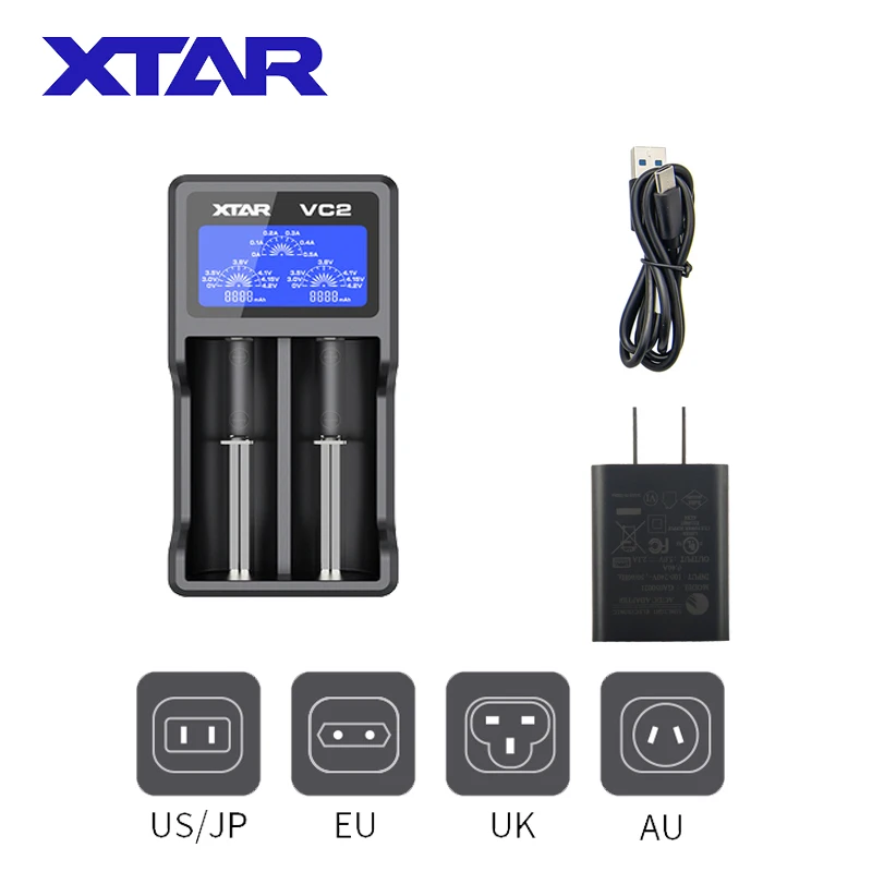 XTAR – chargeur de batterie VC2 18650, affichage de la capacité, USB, pour Batteries Li-Ion 10400 – 26650, 21700 18650