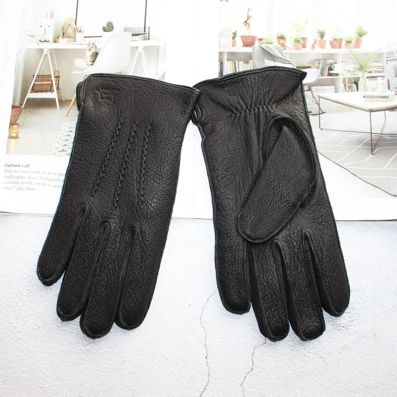 New Deerskin Gloves Men's Leather Outer Stitched Striped Retro Motorcycle Riding Driving Autumn and Winter Wool Knitted Lining