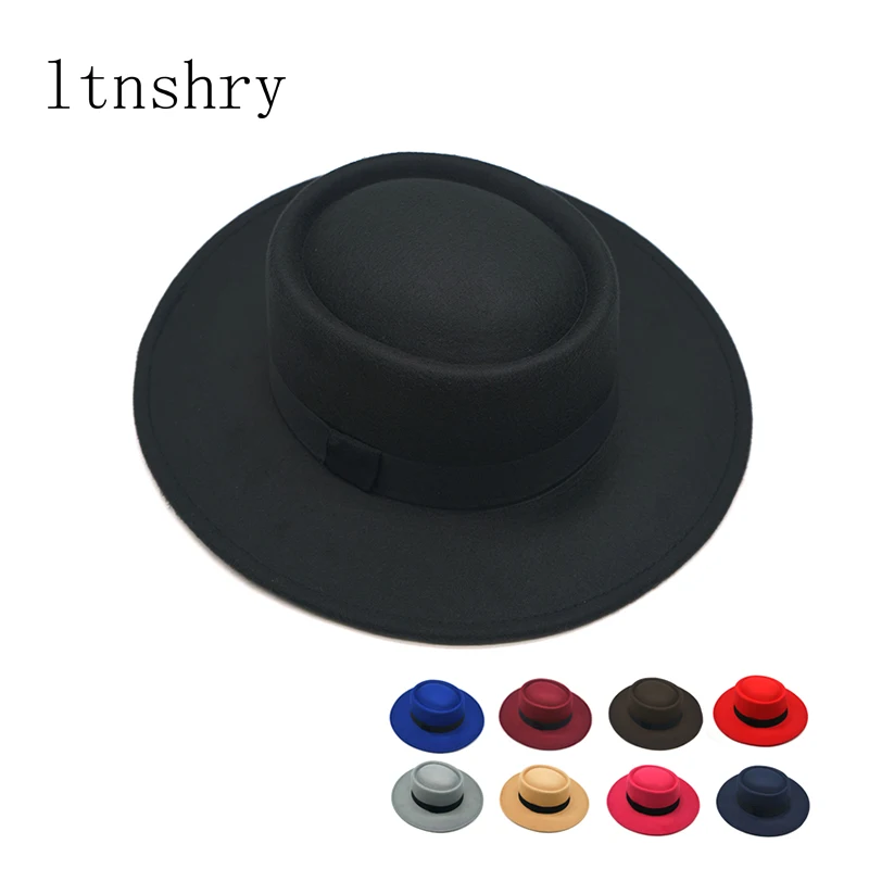 2021 new Winter Autumn Boater Flat Top Hat For Women\'s man Wide Brim Ladies Fedoras Hat Jazz Cap Classic Bowler Feminino Gorra