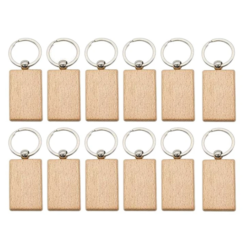 

12 Pcs Blank Wooden Key Chain Rectangle Key Chain Tags Wood Keychains Key Ring for DIY Craft