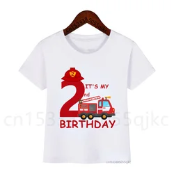 NEW Boys/Girls Cool Fire Truck It's My Birthday Numbers T-Shirt Children Boys Happy Birthday T Shirt White T-Shirt Baby Girl Top