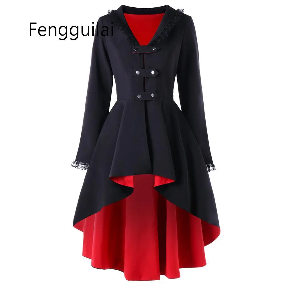 

Women Autumn Winter Coat Back Lace Up High Low Gothic Coat Trench Euro Style Back Cross Bandage V-Neck Long Coat Outwear