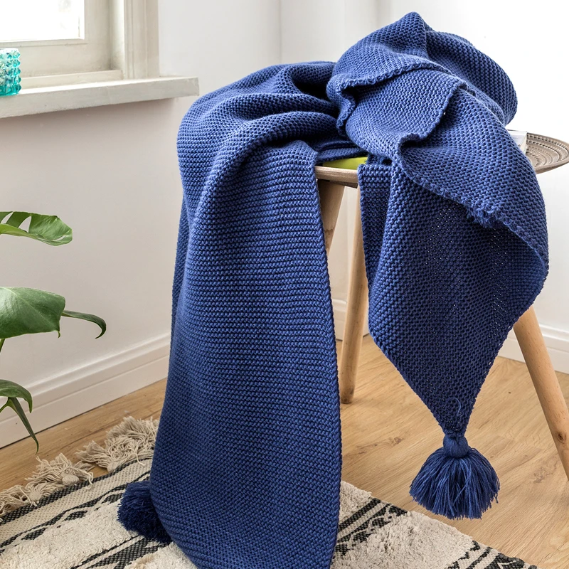 Royal Blue Blanket Sofa Knit Throw Blanket Solid Soft PomPom Tassels Blanket Travel 130x160cm Home Sofa Chair Couch Bed  50