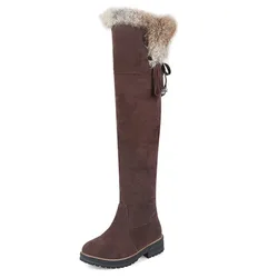 Stivali da neve caldi donna 2021 scarpe invernali stivali alti al ginocchio in pelle scamosciata moda donna tacchi bassi stivali lunghi in peluche di pelliccia calda donna