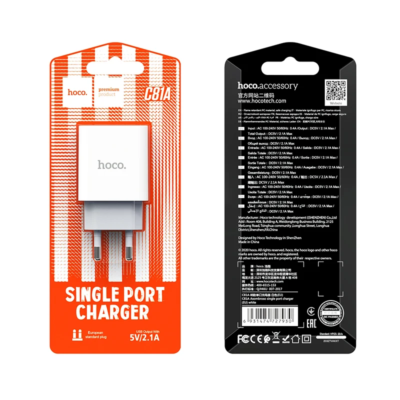 Hoco USB Charger Travel EU Plug 2A Fast Charging Adapter For iPhone 11 12 7 8 Mobile Phone Charger with Cable For Samsung Xiaomi