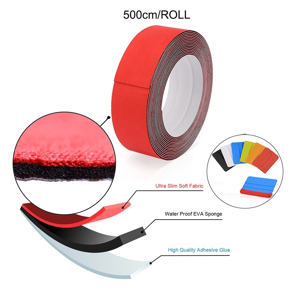 FOSHIO 500cm 3-Layer Waterproof Slim Fabric Cloth for Plastic Squeegee Car Wrap Vinyl Scraper Edge Protect Felt Window Tint Tool