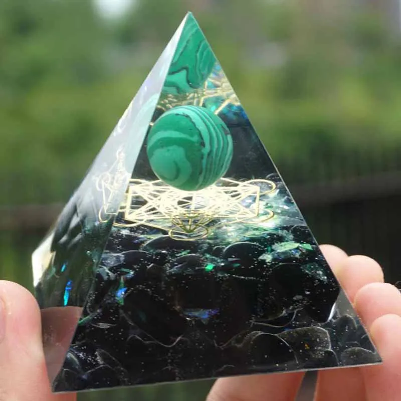 Orgonite Pyramid Obsidian Green malachite Crystal Orgone Reiki Healing Energy Healing Crystal Feng Shui Decoration