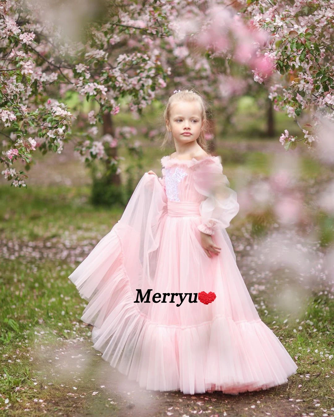 Vestido de primera capa de flores para niña, vestido de tul con volantes, cuello de barco, capa hinchada, vestido de fiesta de cumpleaños