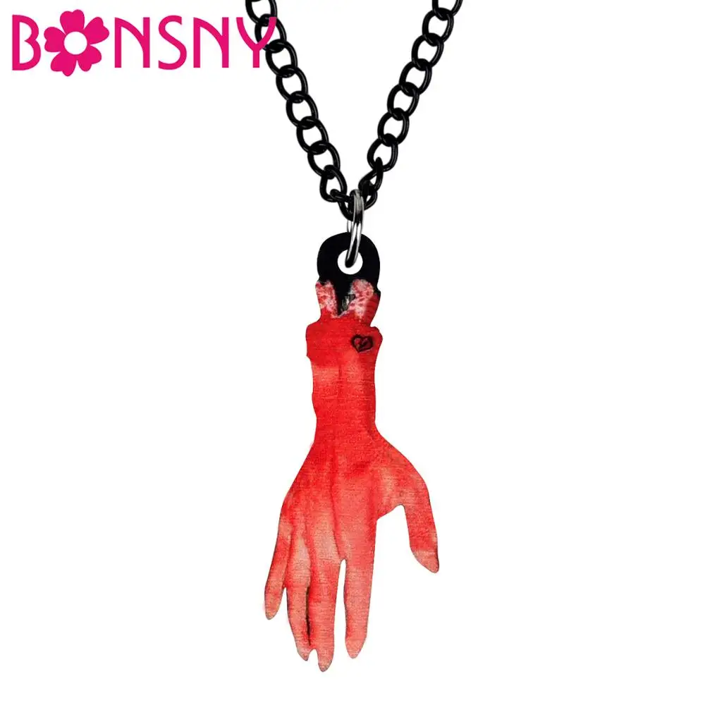 Bonsny Acrylic Halloween Horror Blood Red Hand Necklace Choker Pendant Fashion Jewelry For Women Teens Girls Novelty Party Gift