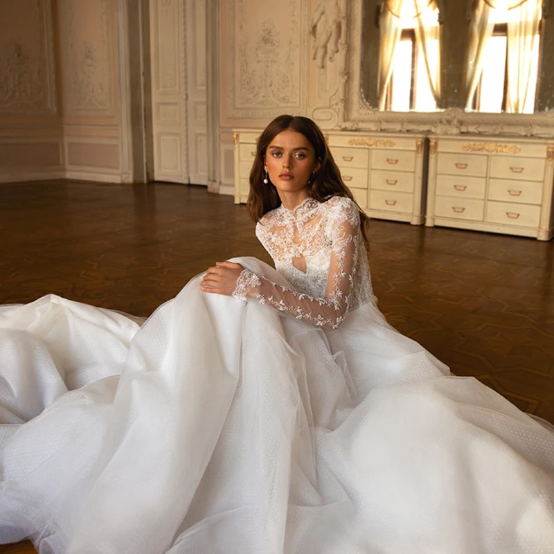 Robe de mariée de style bohémien en dentelle blanche et Tulle, tenue de mariage élégante à manches longues et col haut, grande taille