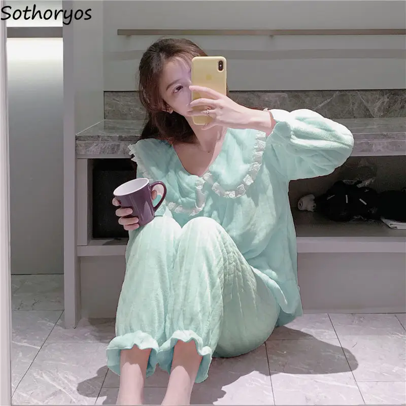 

Pajama Sets Women Lace Ruffles Flannel Elegant Solid Pleated Warm Female Thicken Homewear Sweet Lovely Ins Chic Tender Sleepwear