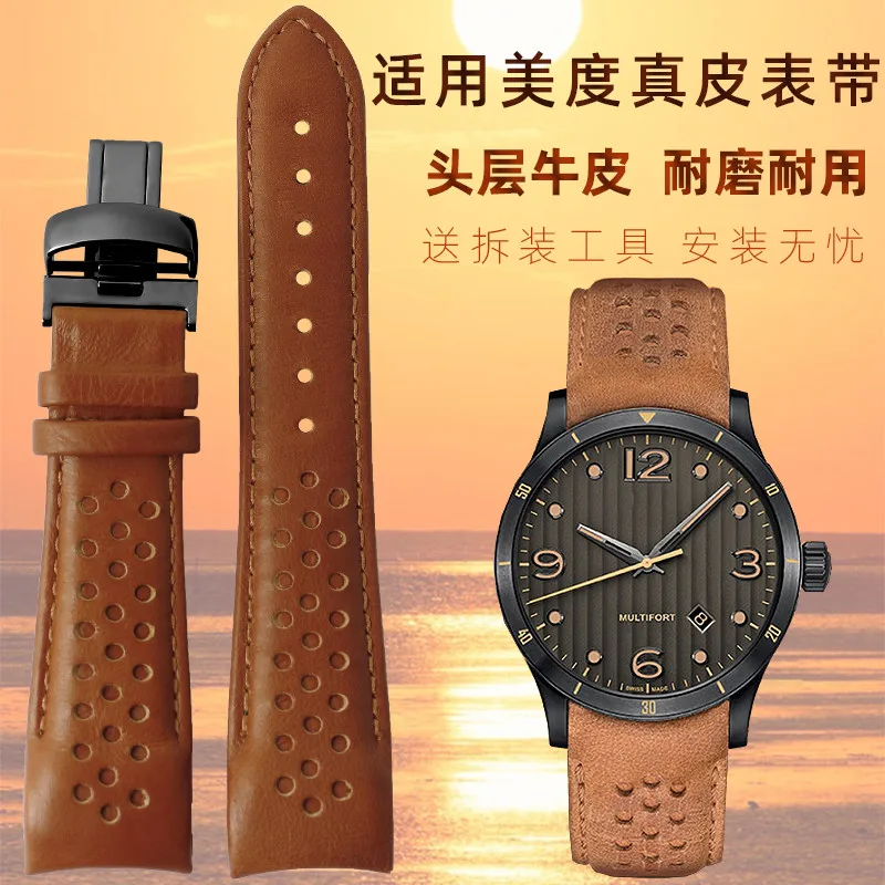 

For Mido Rudder M025407a Series Top Layer Leather Watch Band M005 Sao Orange Rudder Leather Watch Strap 22mm Men