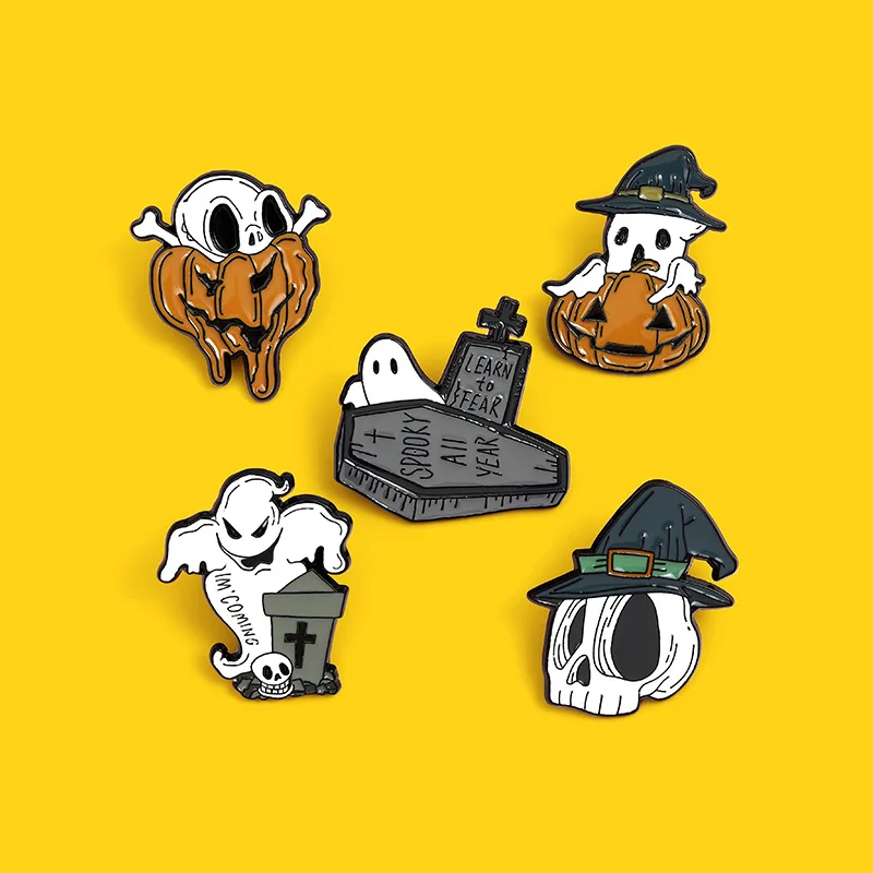 Halloween Enamel Pin  Skeleton Skull Pumpkin Ghost Grave Coffin Brooch Bag Lapel Pin  Personalized badge Gift  for Friends