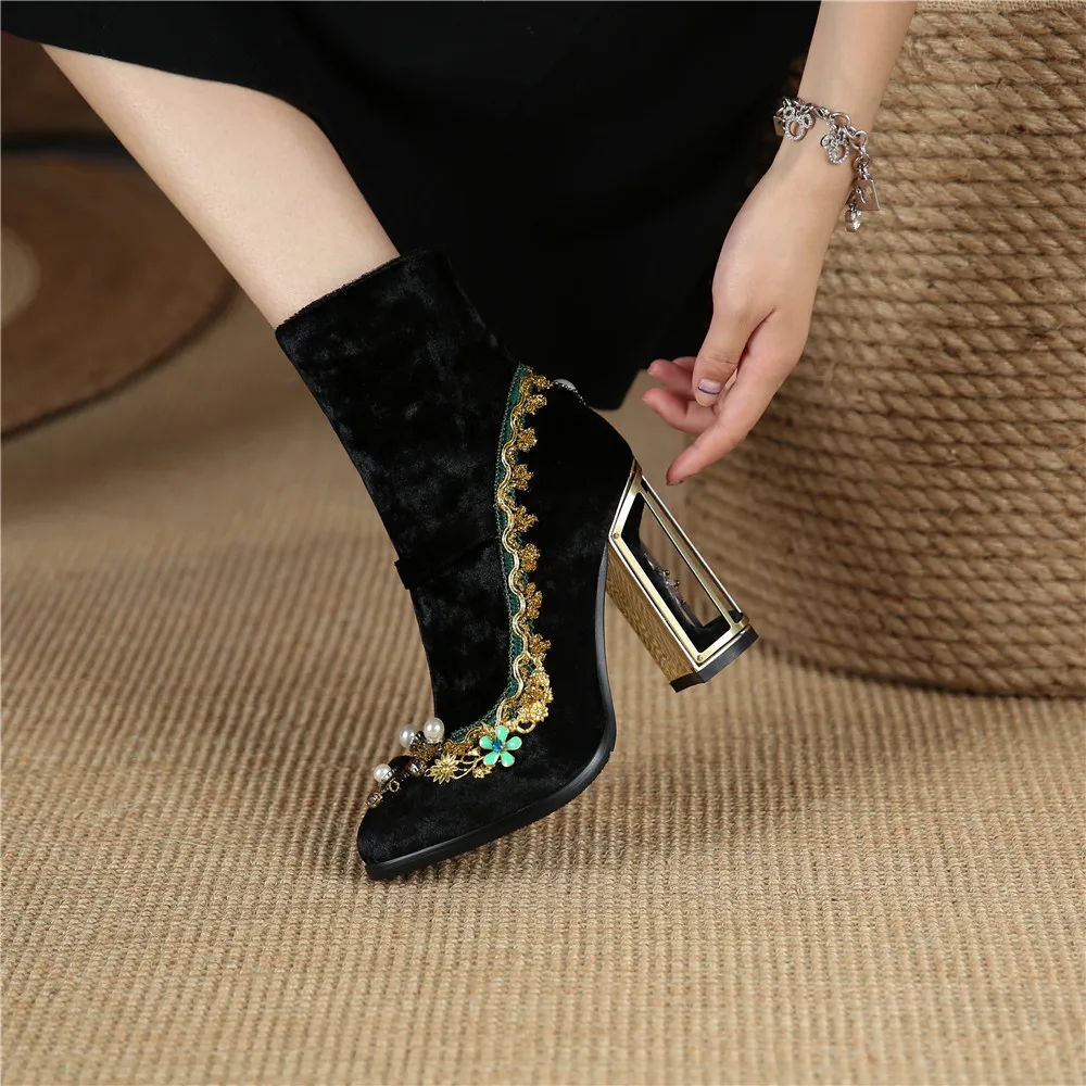 MILI-MIYA Luxury Pearl Rhinestone Flower Women Ankle Boots Wedding Retro Ladies Strange High Heels Zipper Velvet Handmade Shoes