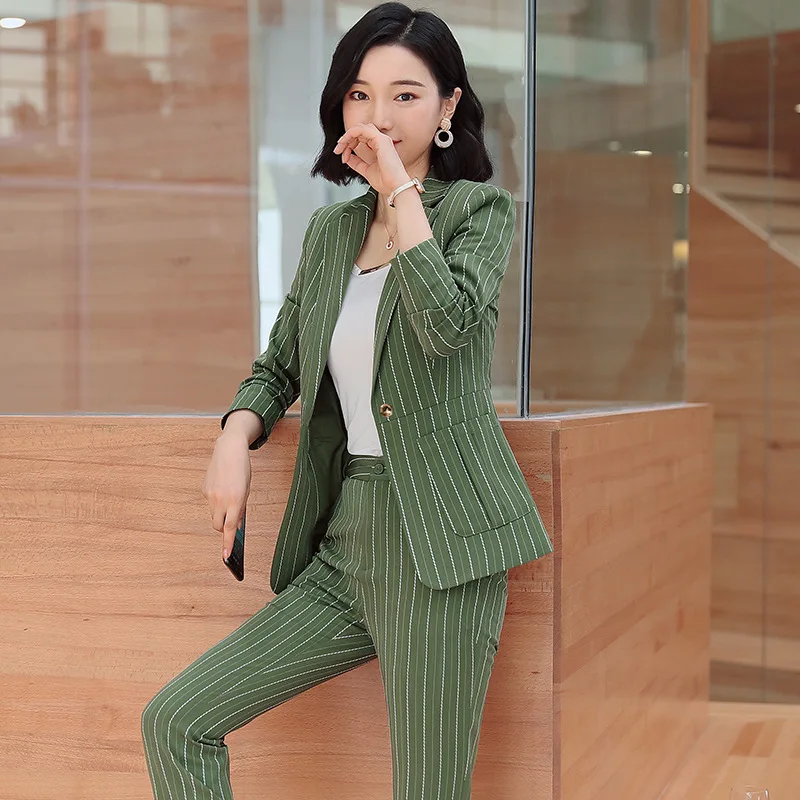 2024 New Work Fashion Pant Suits 2 Piece Set for Women Striped Blazer Jacket & Trouser Office Business Suit Lady Suit Feminino