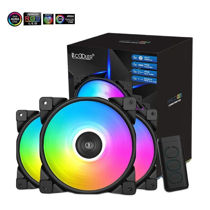 Pccooler 3/Pack HALO RGB Fan 12CM 12V＆5V FRGB 3Pin&4Pin PWM Silent Cooling Fan RGB Chassis Fan Desktop Computer Host Fan