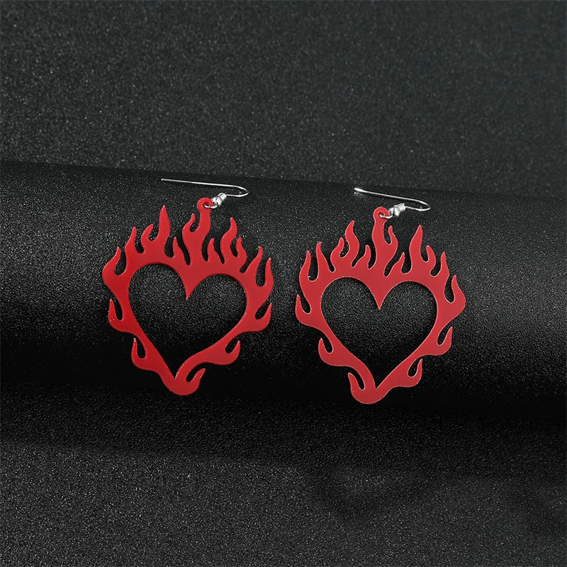 Heart Red Love Flame Earrings Acrylic Female Temperament Peripheral Hollow Hip Hop Jewelry Party Accessories Christmas Gifts