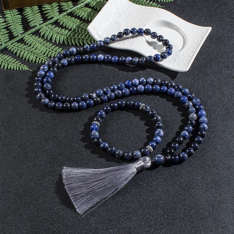 8mm Natural Sodalite Japamala Necklace Meditation Yoga Spirit Jewelry Set 108 Mala Beaded Women's Fashion Rosary Tassel Pendant