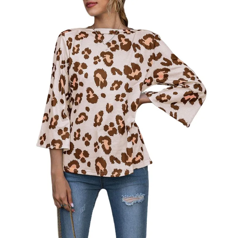 O Neck Women T-Shirt Summer Trumpet Sleeve Fashion Casual Ladies Tops T-Shirt Loose Leopard Printed Tshirt