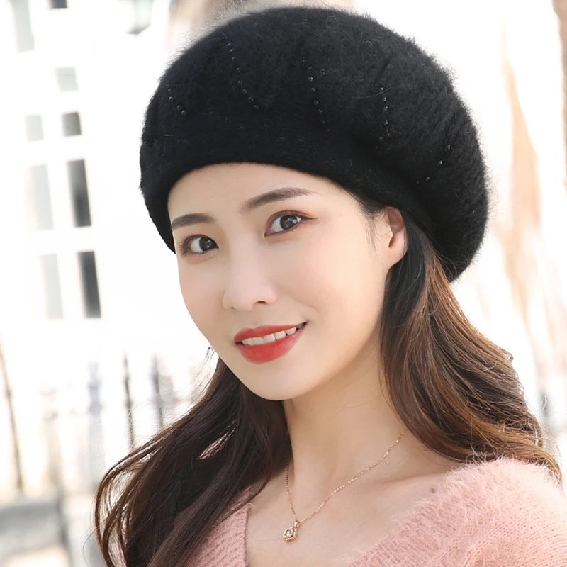 Hat Women Angora Beret Winter Knit Warm Beads Double Layers Thermal Snow Outdoor Skiing Accessory Cap Headwear