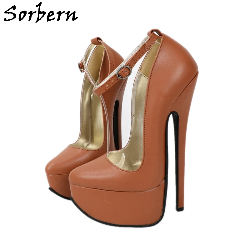 Sorbern Matt Black Women Pump Shoes 20Cm High Heel Platform High Arch Ankle Strap Unisex Style Transgirls Sissy Boy Footwear