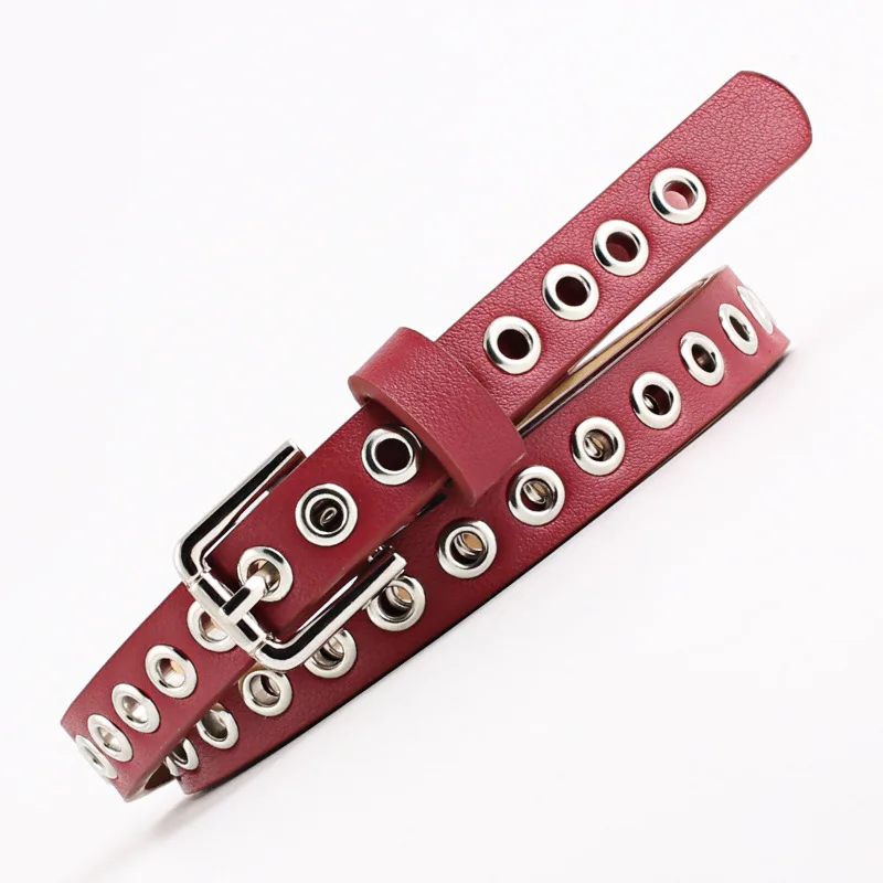 Women Belt Punk Cool Metal Buckle Adjustable Double Eyelet Grommet Leather Fashion Waistband for Jeans Dress Hole Waist Belt