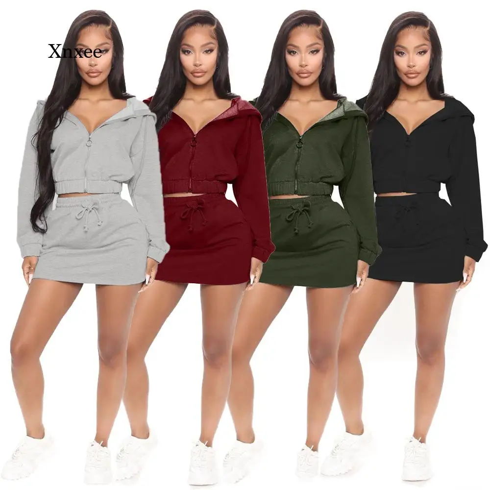 2021 Summer Zip Up T-Shirt Skirt Two Piece Suit Spring Sweetie Elastic Fabric Front Sport Women Set Hoodie Outfit Casual Clothes