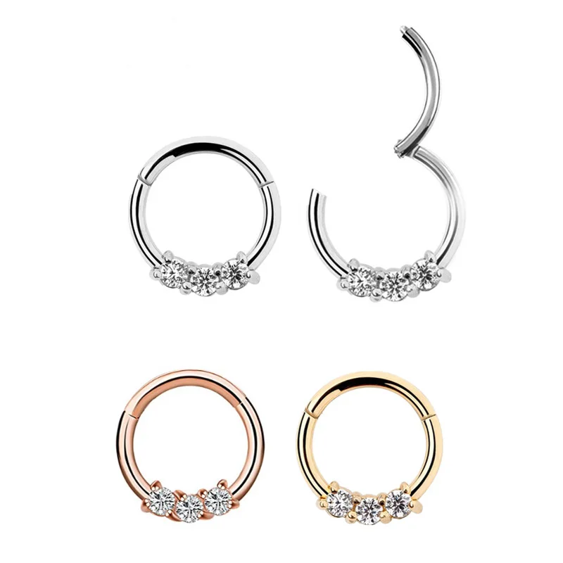 1Pc Three CZ Seamless Ring Hoop 16G CZ Gems Seamless Hinged Segment Ring Clicker Cartilage Nose/Lip/Ear Hoop Septum 16G