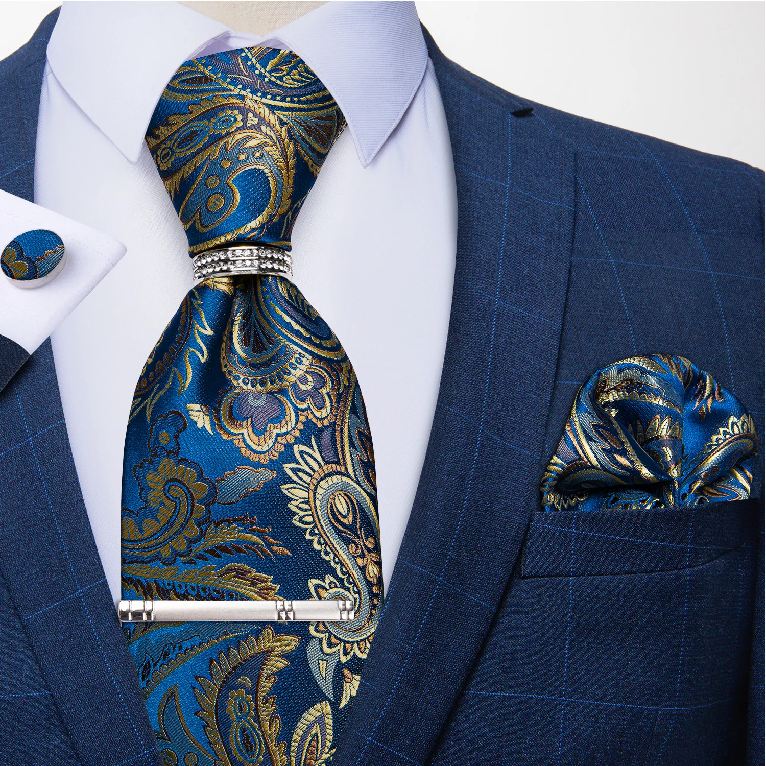 Yellow Paisley Blue Ties For Men Silver Tie Clip Tie Ring 100% Silk Business Wedding Party Men's Neck Tie Cufflinks Gift DiBanGu