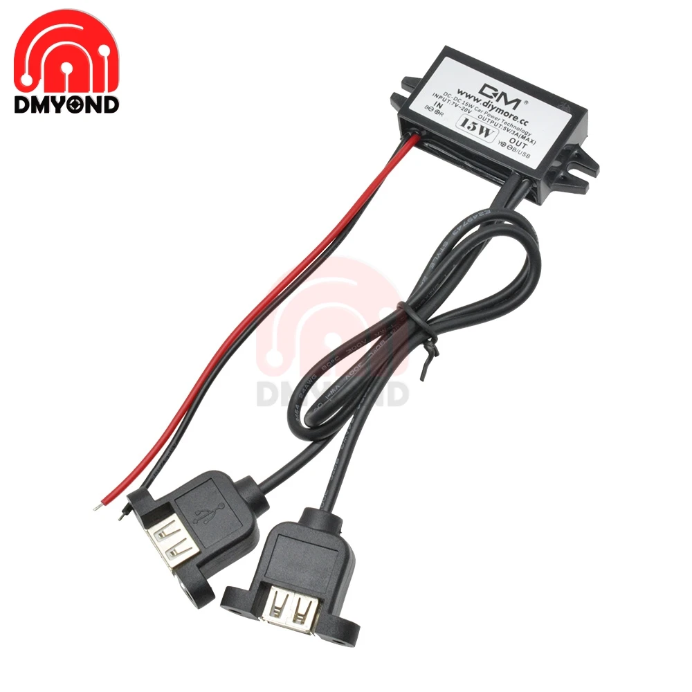 กันน้ำ Dual USB DC-DC 12V to 5V 3A Step-Down Car Power Converter โมดูล Step-down ตะกั่ว 12 ซม.เอาต์พุตอะแดปเตอร์สาย USB 30 ซม.