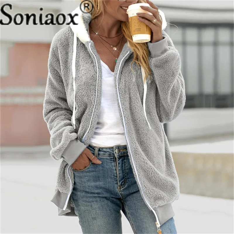 2021 Autumn Winter Women Plush Coat Fashion Hooded Zipper Jackets Casual Oversized Solid Color Faux Fur Warm Ladies Parka Jacket