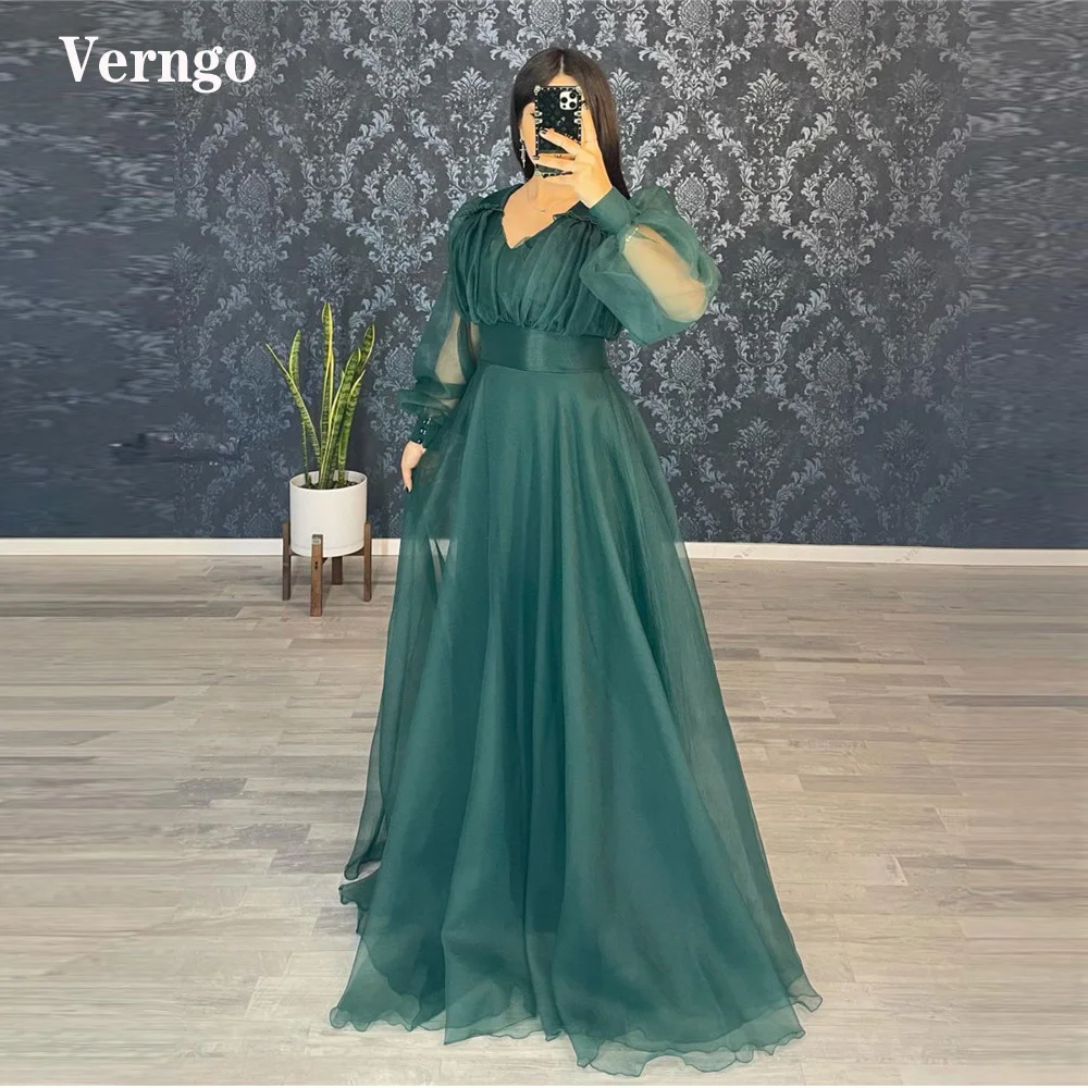 

Verngo Dark Green Organza Prom Dresses Puff Long Sleeves V Neck Floor Length Evening Gowns Mother Plus Size Formal Dress 2022