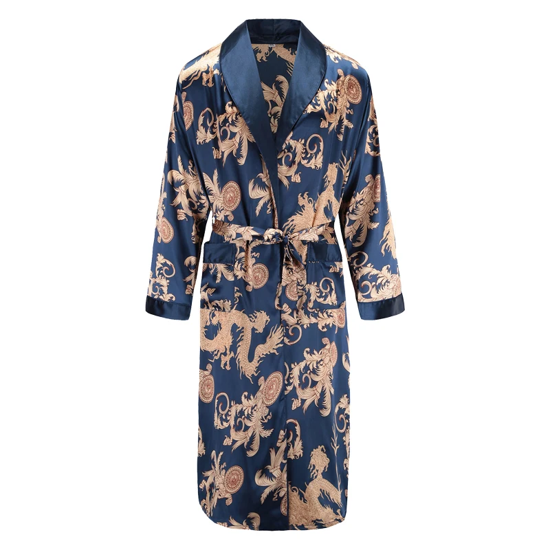 Bata para hombre, bata de baño de manga larga, kimono de satén sedoso, pijama con estampado de dragón, bata de noche