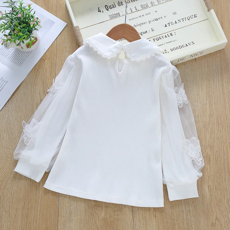 new delivery spring autumn children kids baby white shirt 3-9year students girl clothes lace flower bottoming top cloth