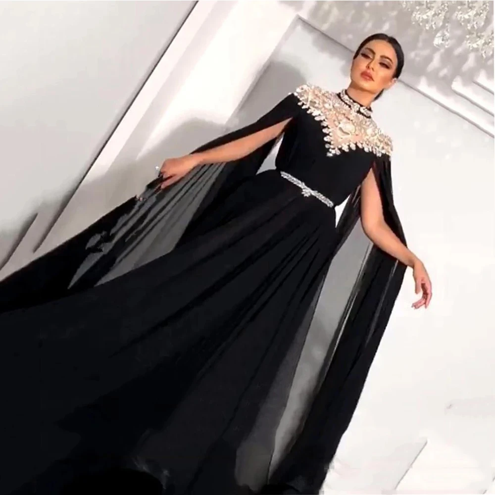 Muslim Shinny  High Neck Caped Crystals Evening Dresses 2022 Black Chiffon Dubai Arabic Long Formal Party Prom Dress فساتين الس