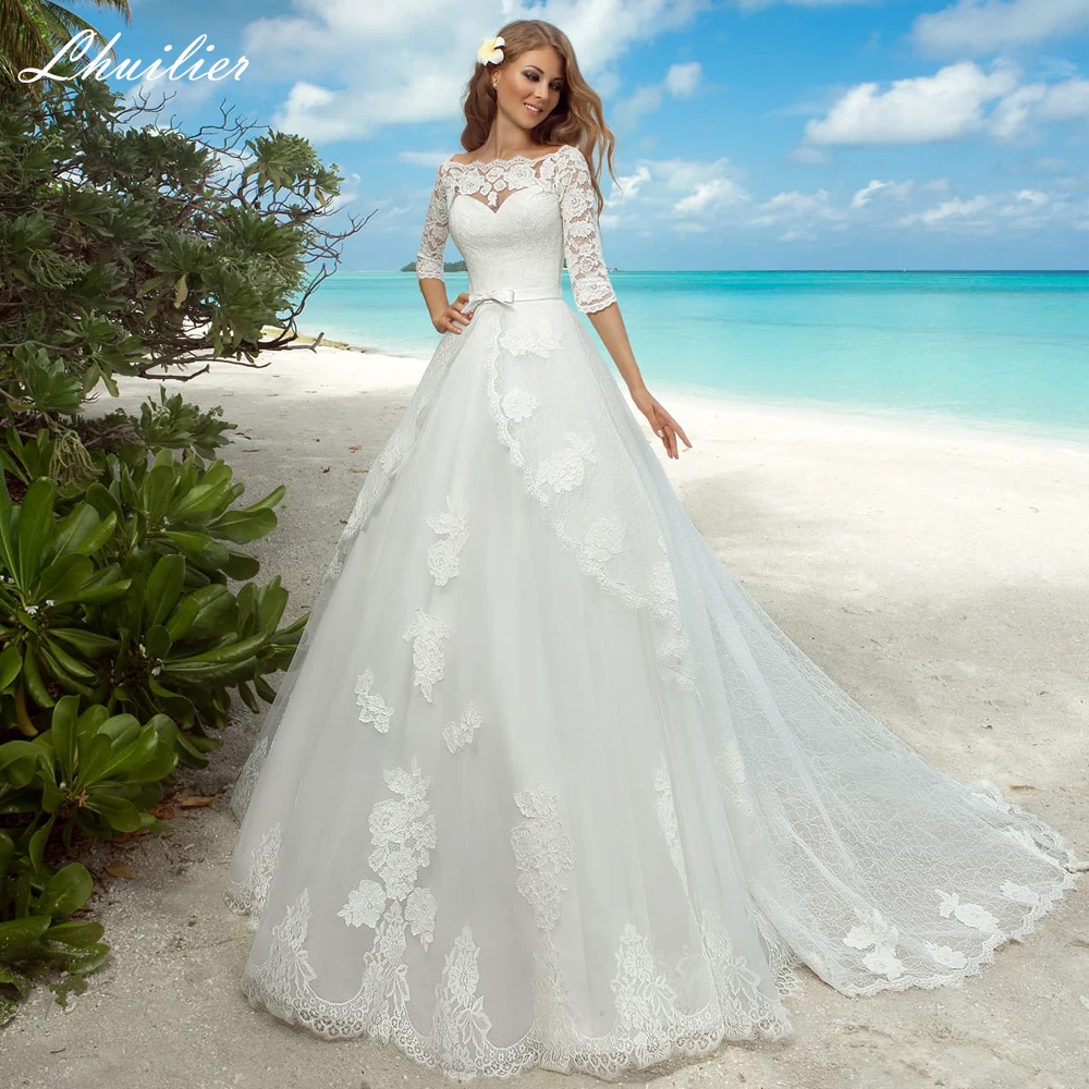 Lhuilier Customized A Line Boat Neck Lace Wedding Dresses Half Sleeves Floor Length Bridal Gowns with Chapel Train